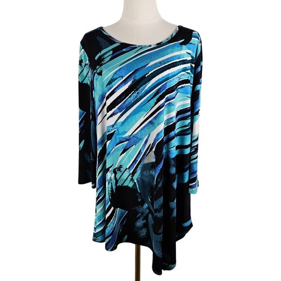 Clara Sun Woo Asymmetrical Tunic Top Medium Blue Ocean Print 3/4 Sleeve - Picture 1 of 8